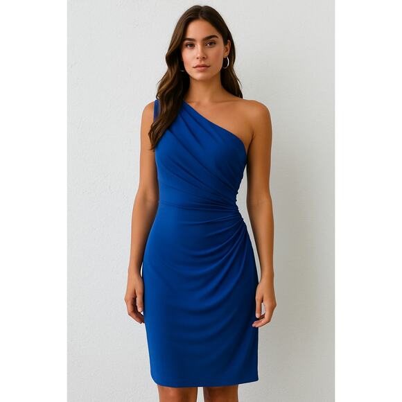 Lauren Ralph Lauren SZ 2 Royal Blue One Shoulder Ruched Dress - Picture 1 of 5
